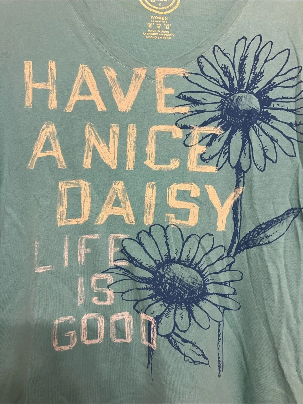 Life is Good Have a Nice Daisy v-neck t-shirt 3/4 sleeve graphic medium - Picture 3 of 8